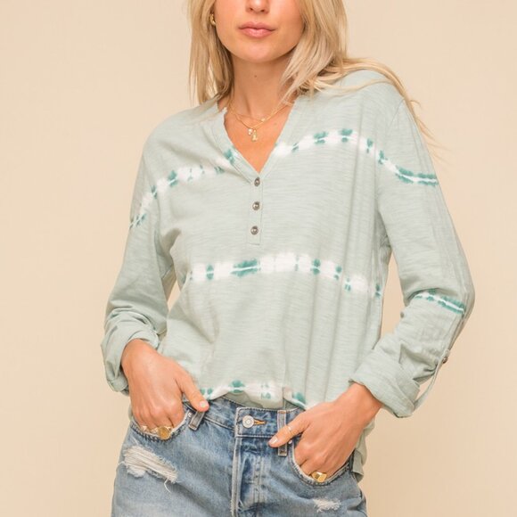 HEM & THREAD Seafoam Drift Tie-Dye Button Henley Top | Long Sleeve Lightweight - Picture 5 of 6